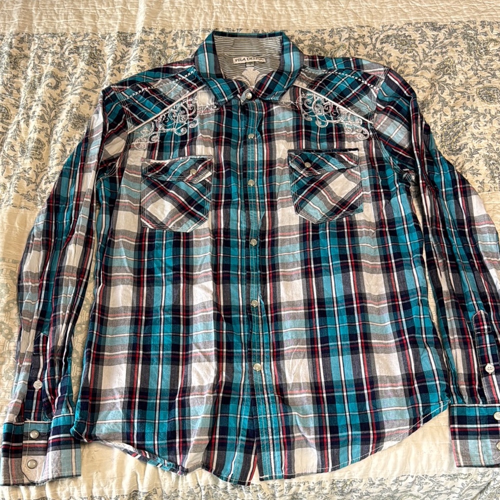 Ely Cattleman Blue and White Casual Button Down Shirt